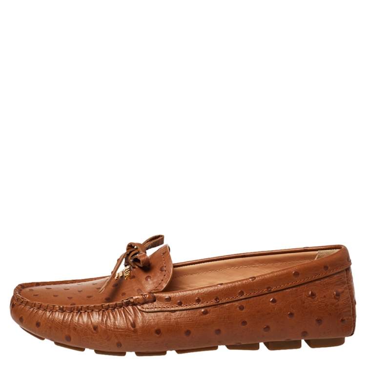 Pre Owned Prada Brown Ostrich Leather Slip on Loafers Size 38