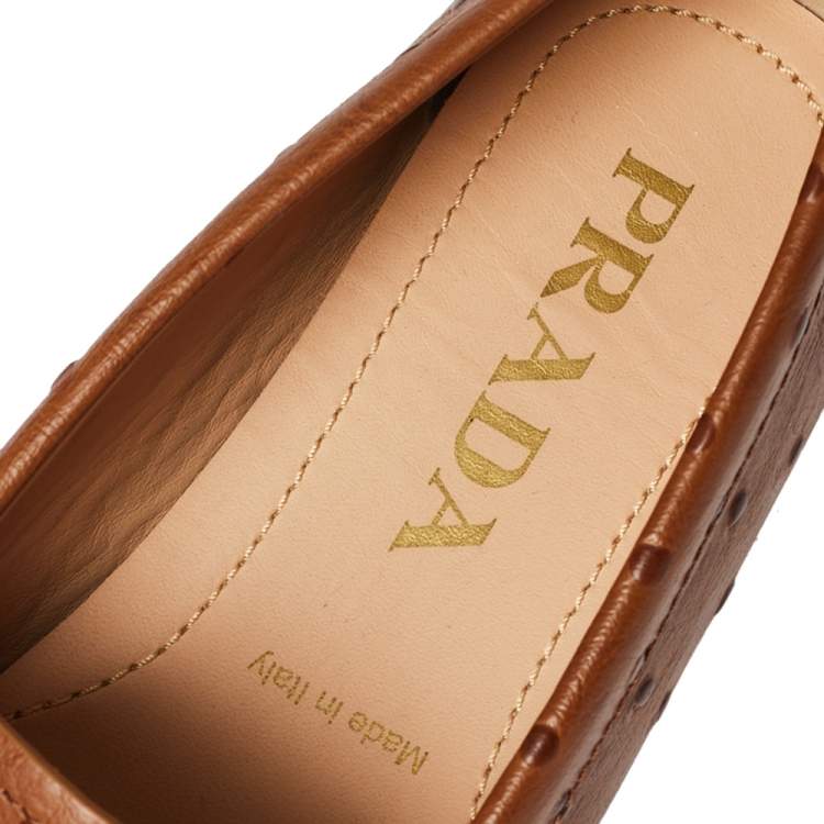 Pre Owned Prada Brown Ostrich Leather Slip on Loafers Size 38