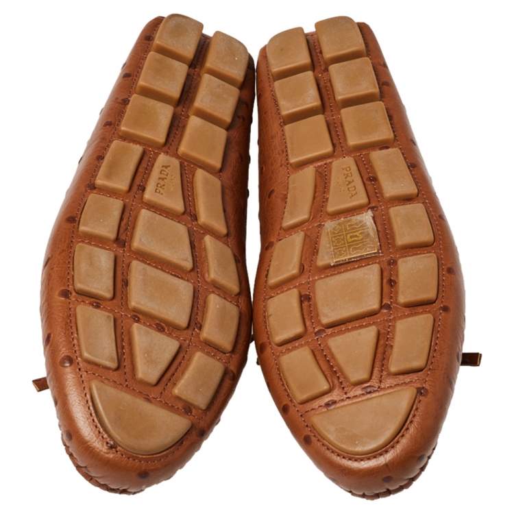 Pre Owned Prada Brown Ostrich Leather Slip on Loafers Size 38