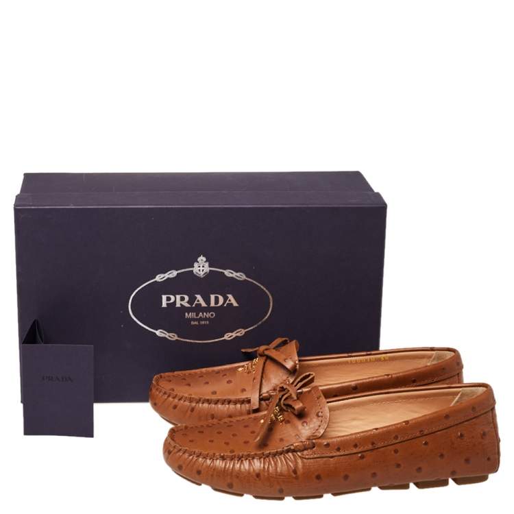 Pre Owned Prada Brown Ostrich Leather Slip on Loafers Size 38