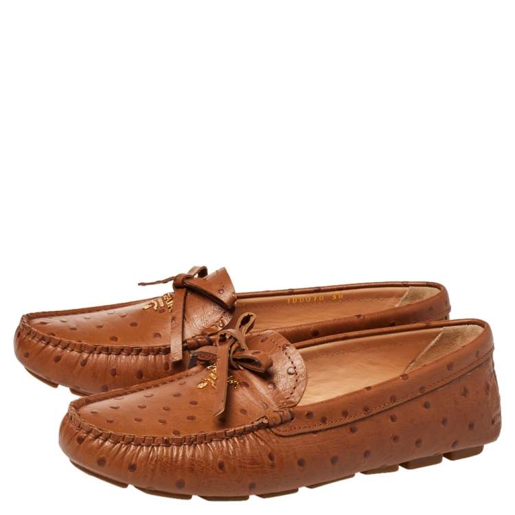 Pre Owned Prada Brown Ostrich Leather Slip on Loafers Size 38