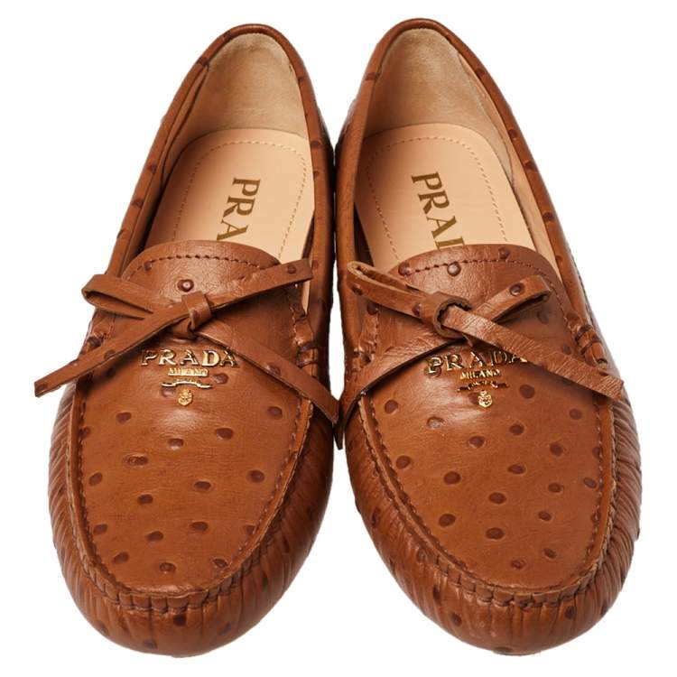 Pre Owned Prada Brown Ostrich Leather Slip on Loafers Size 38