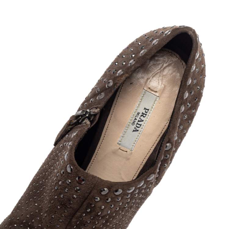 Pre Owned Prada Brown Embellished Suede Round Toe Booties Size 39.5