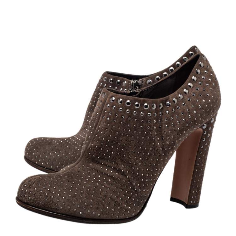 Pre Owned Prada Brown Embellished Suede Round Toe Booties Size 39.5
