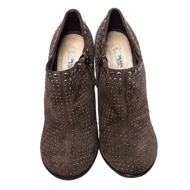 Pre Owned Prada Brown Embellished Suede Round Toe Booties Size 39.5