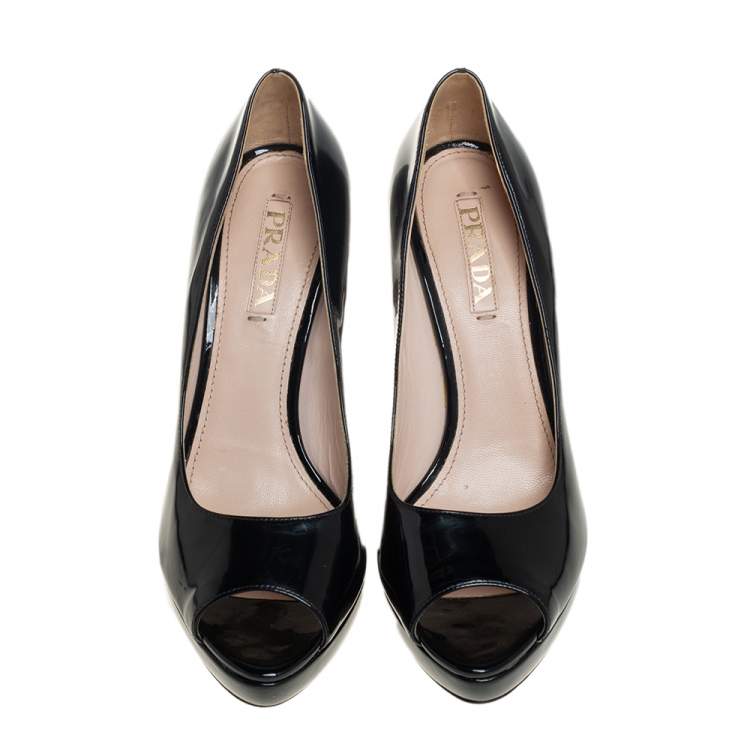 Pre Owned Prada Black Patent Leather Peep Toe Platform Pumps Size 40