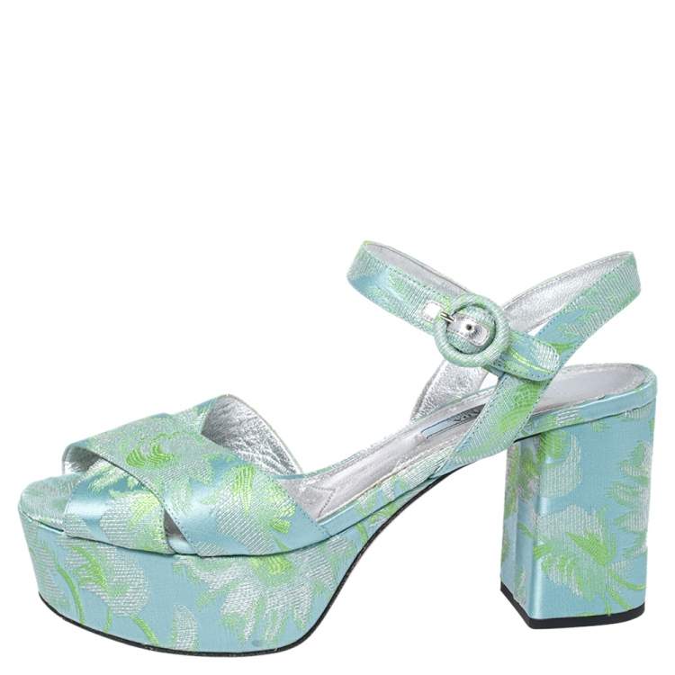 Prada Green/Blue Brocade Fabric Platform Ankle Strap Sandals Size 39 Prada  | TLC