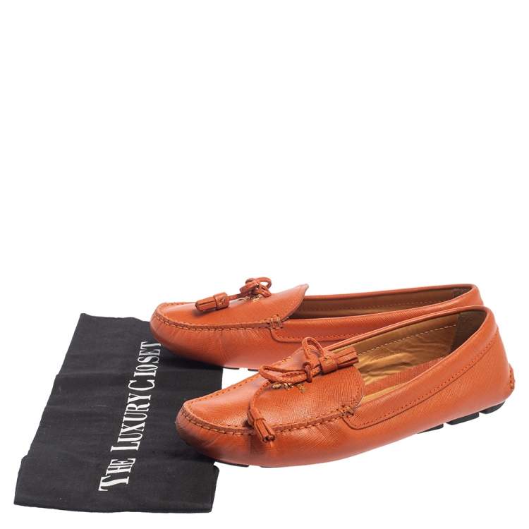 Pre Owned Prada Orange Leather Bow Slip On Loafers Size 38