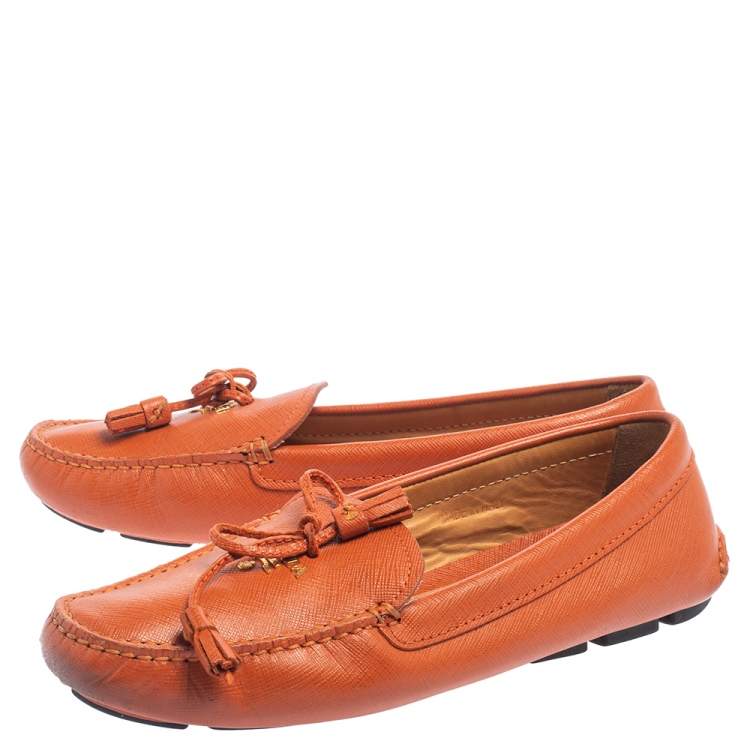 Pre Owned Prada Orange Leather Bow Slip On Loafers Size 38