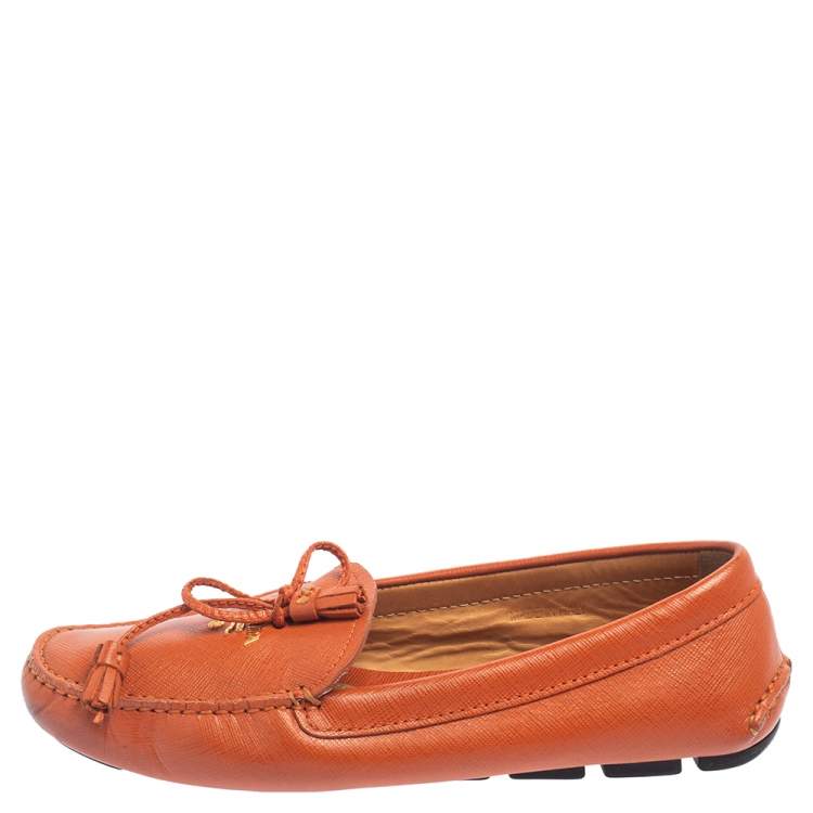 Pre Owned Prada Orange Leather Bow Slip On Loafers Size 38