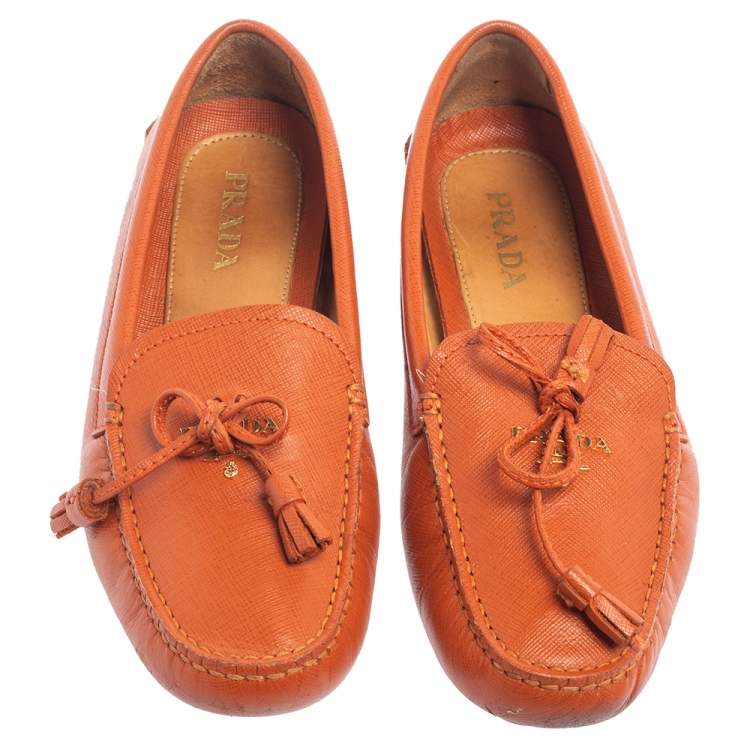 Pre Owned Prada Orange Leather Bow Slip On Loafers Size 38