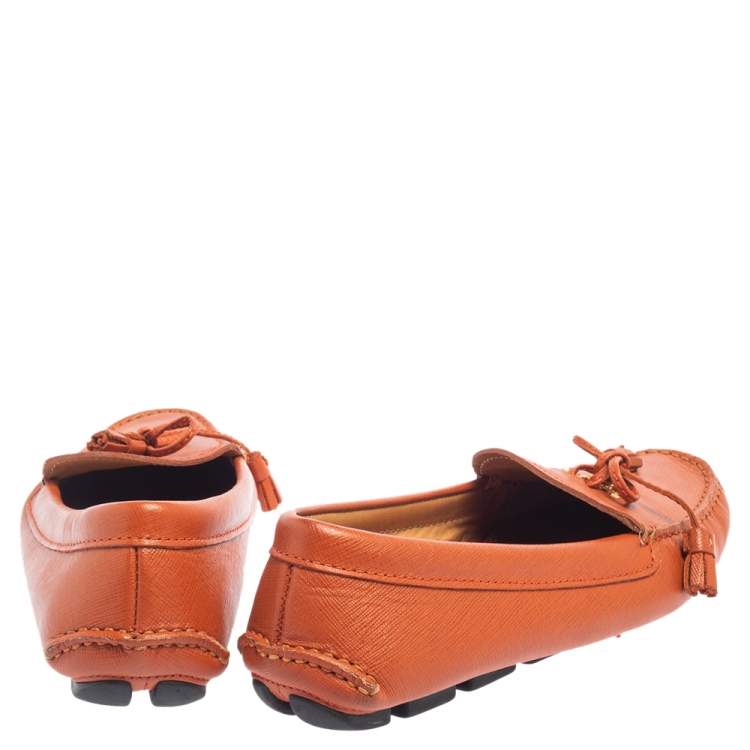 Pre Owned Prada Orange Leather Bow Slip On Loafers Size 38