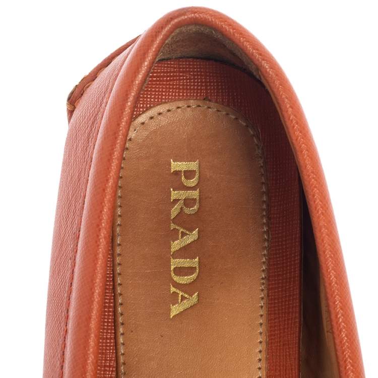 Pre Owned Prada Orange Leather Bow Slip On Loafers Size 38