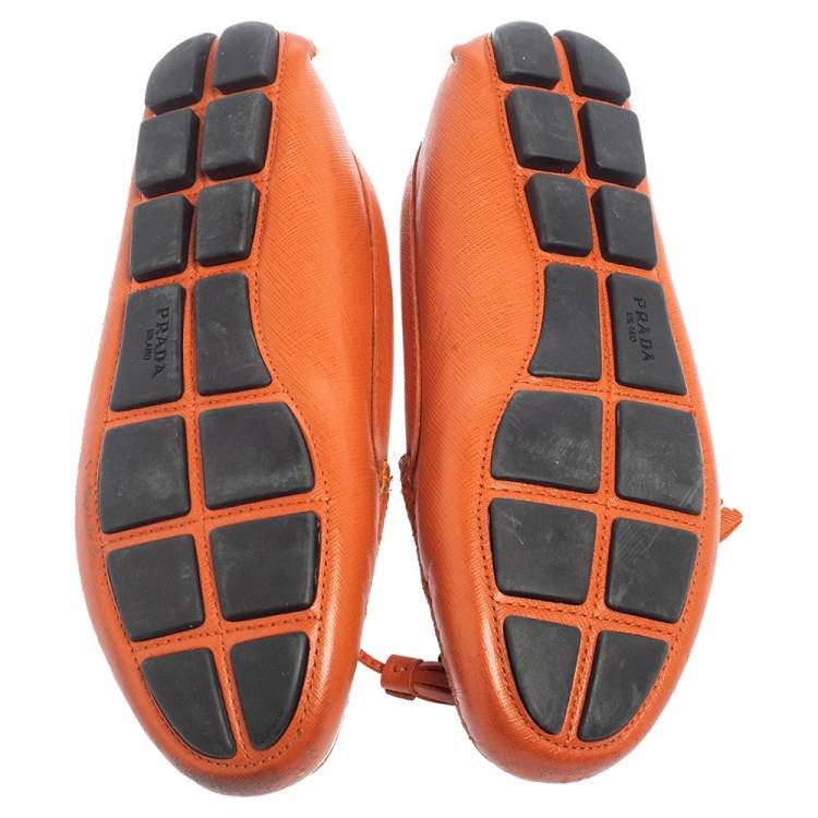 Pre Owned Prada Orange Leather Bow Slip On Loafers Size 38