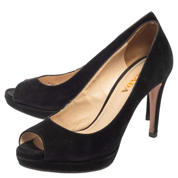 Pre Owned Prada Black Suede Peep Toe Pumps Size 35