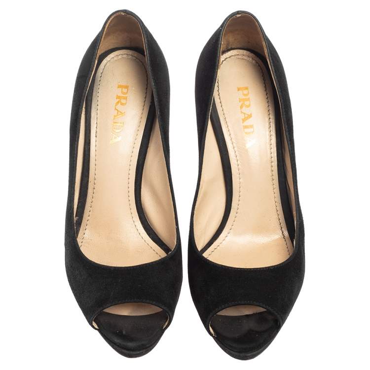 Pre Owned Prada Black Suede Peep Toe Pumps Size 35