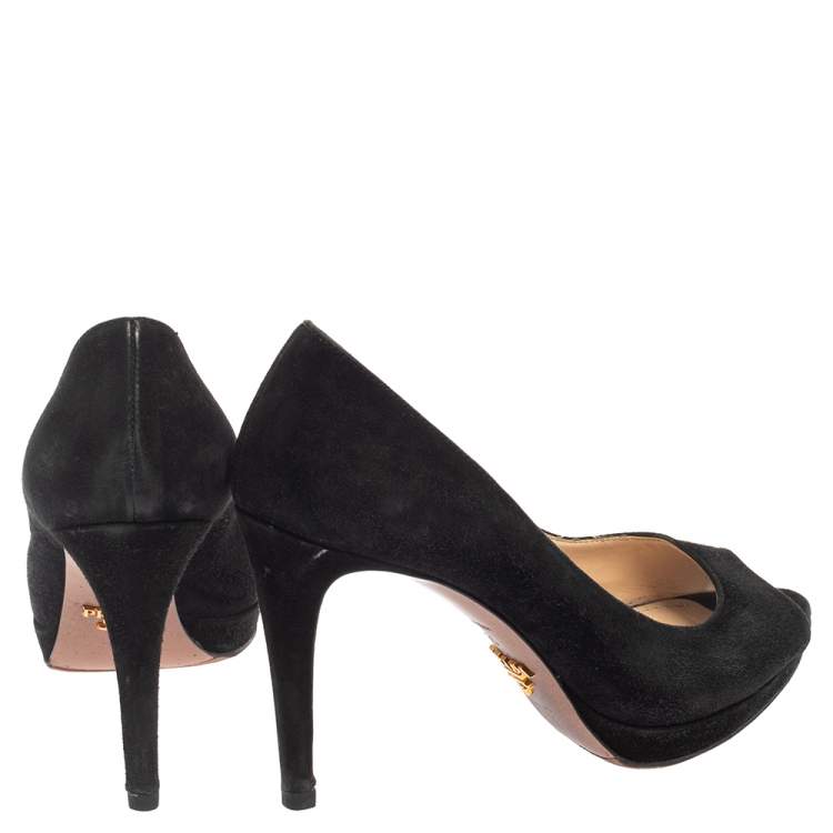 Pre Owned Prada Black Suede Peep Toe Pumps Size 35