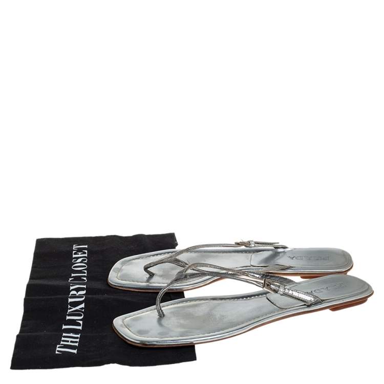 Pre Owned Prada Silver Leather Buckle Embellished Thong Sandals Size 40
