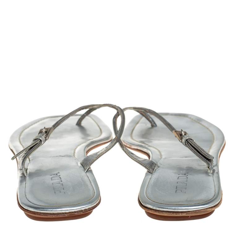Pre Owned Prada Silver Leather Buckle Embellished Thong Sandals Size 40