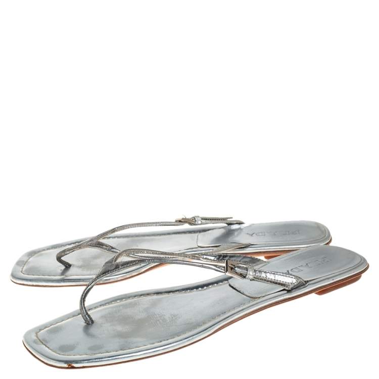 Pre Owned Prada Silver Leather Buckle Embellished Thong Sandals Size 40