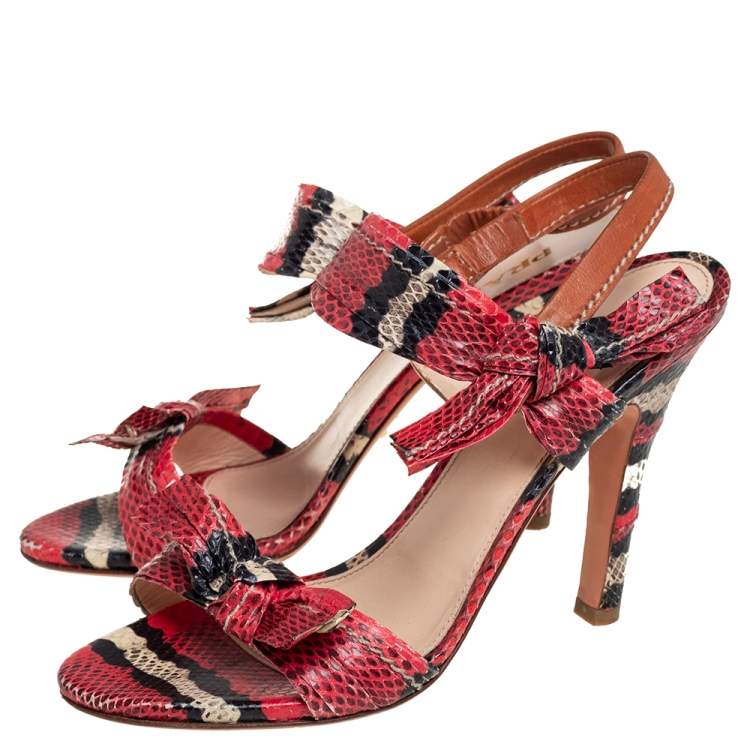 Pre Owned Prada Red/Black Python Embossed Leather Bow Slingback Sandals 38.5
