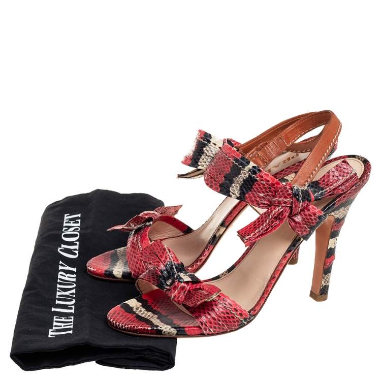 Pre Owned Prada Red/Black Python Embossed Leather Bow Slingback Sandals 38.5