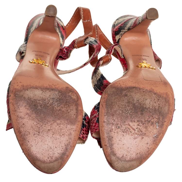 Pre Owned Prada Red/Black Python Embossed Leather Bow Slingback Sandals 38.5