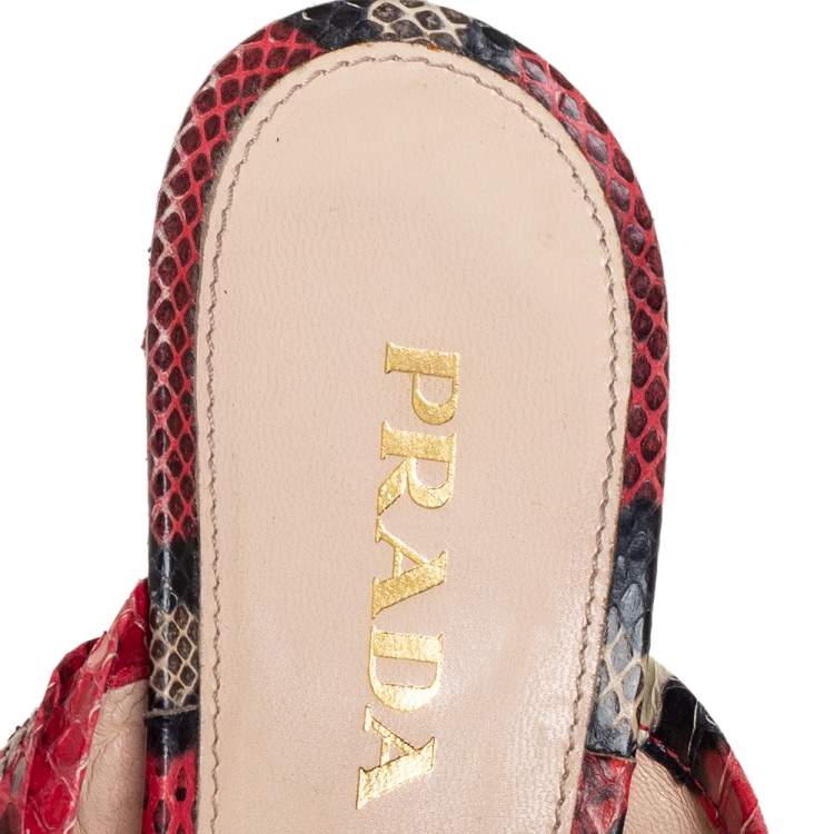 Pre Owned Prada Red/Black Python Embossed Leather Bow Slingback Sandals 38.5