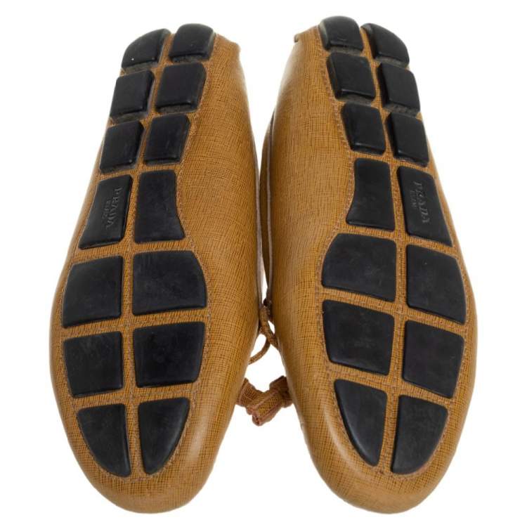 Pre Owned Prada Mustard Yellow Leather Tassel Bow Slip On Loafers Size 41