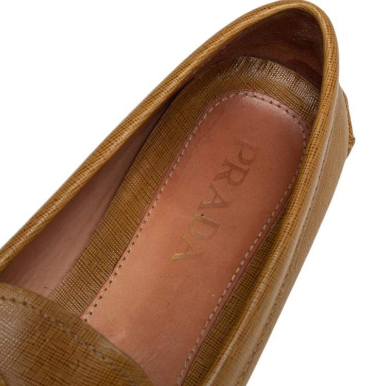Pre Owned Prada Mustard Yellow Leather Tassel Bow Slip On Loafers Size 41