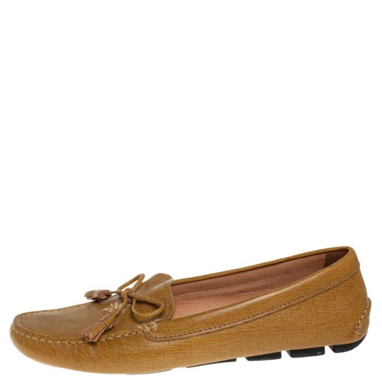 Pre Owned Prada Mustard Yellow Leather Tassel Bow Slip On Loafers Size 41