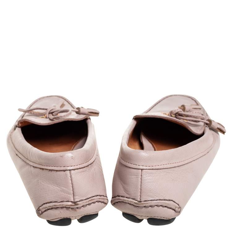 Pre Owned Prada Beige Leather Bow Slip On Loafers Size 38