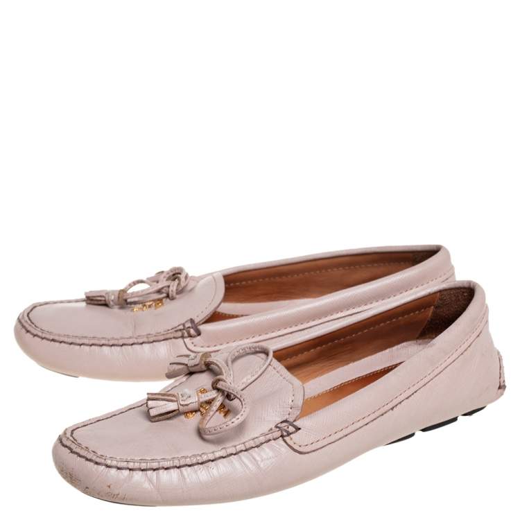 Pre Owned Prada Beige Leather Bow Slip On Loafers Size 38