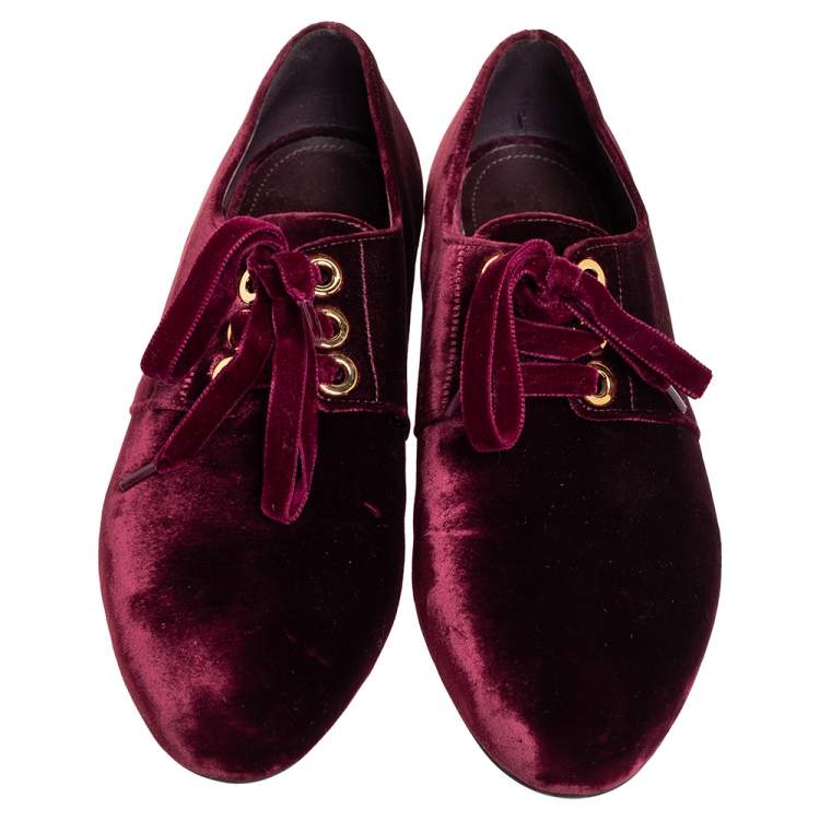 Pre Owned Prada Burgundy Velvet Lace Up Loafers Size 39