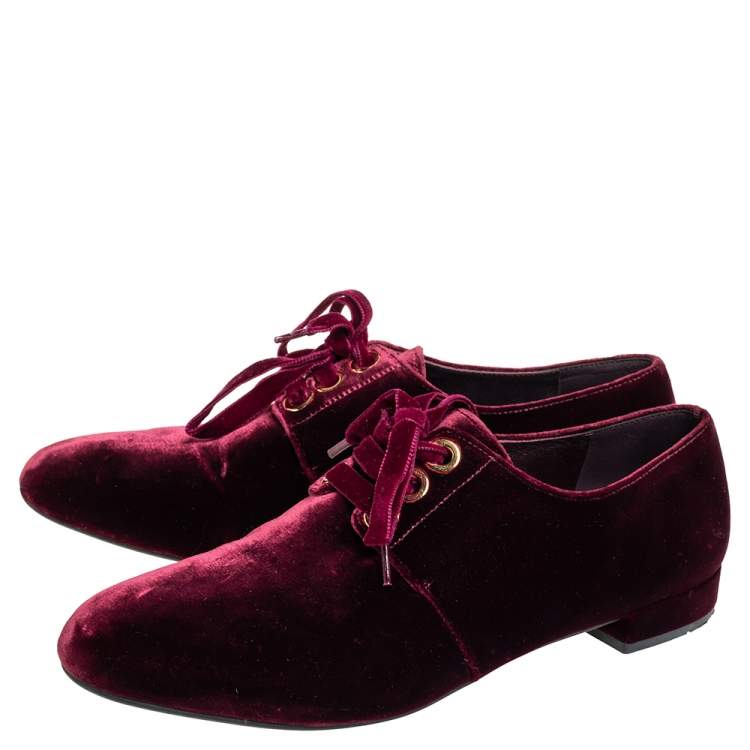 Pre Owned Prada Burgundy Velvet Lace Up Loafers Size 39