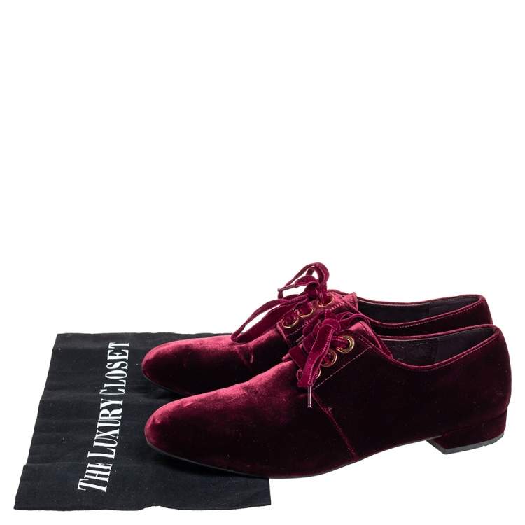 Pre Owned Prada Burgundy Velvet Lace Up Loafers Size 39