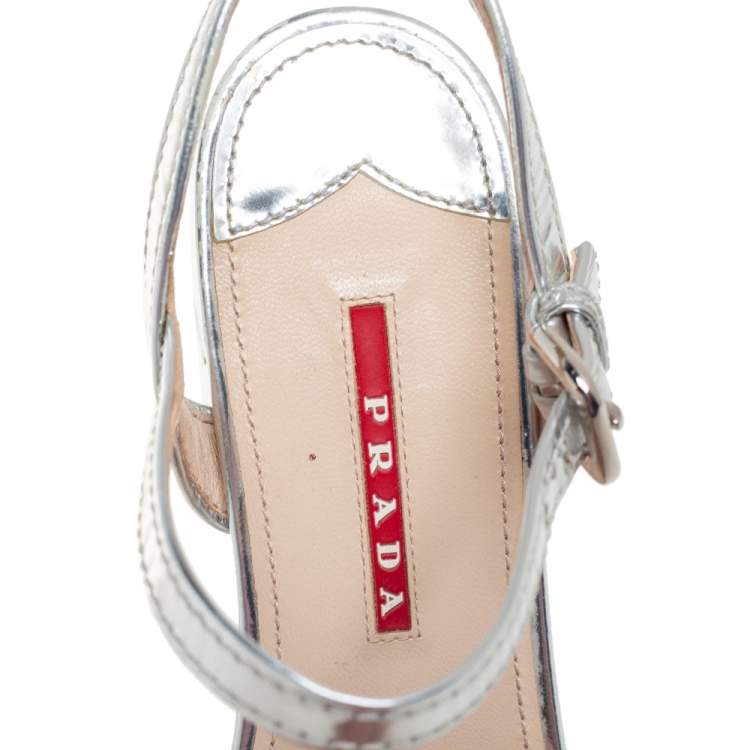 مملوكة مسبقًا Prada Sport Silver Leather Platform Block Heel Ankle Strap Sandals Size 38