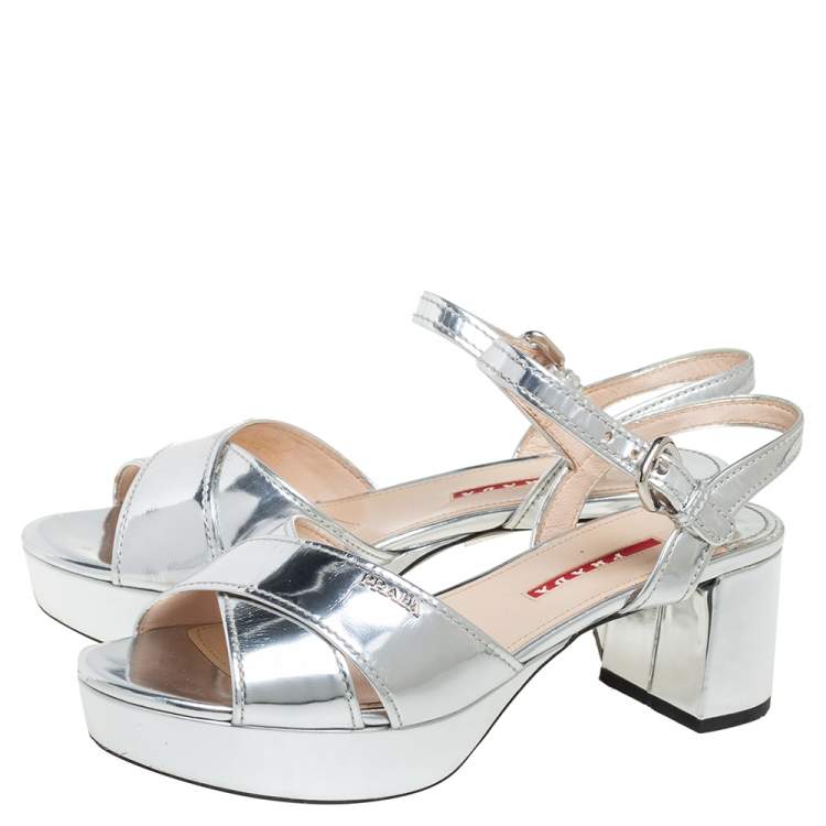 مملوكة مسبقًا Prada Sport Silver Leather Platform Block Heel Ankle Strap Sandals Size 38