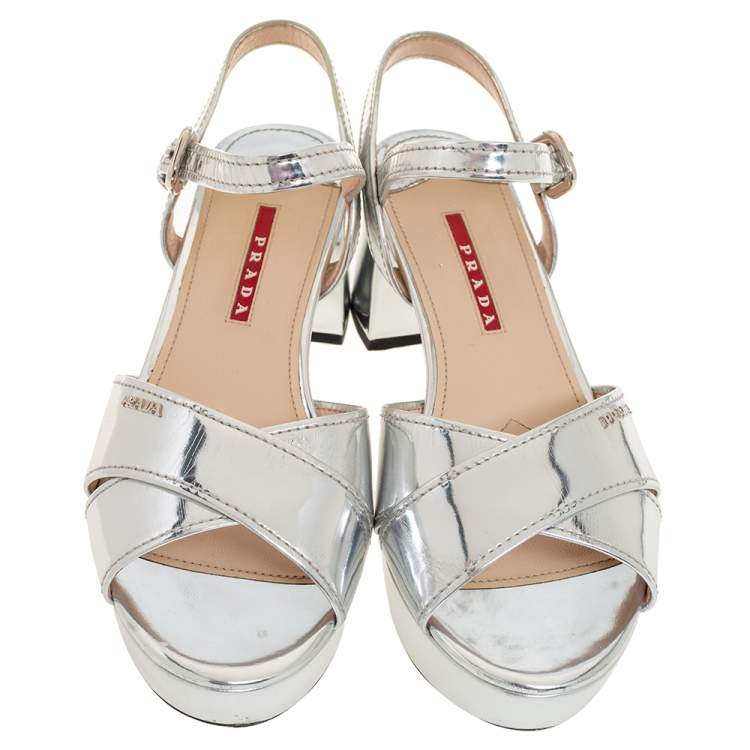 مملوكة مسبقًا Prada Sport Silver Leather Platform Block Heel Ankle Strap Sandals Size 38