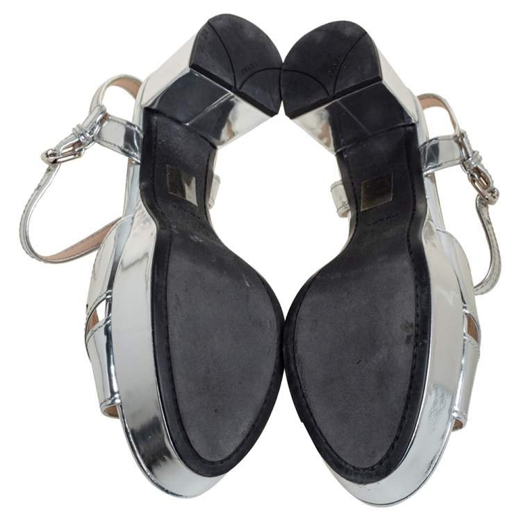 مملوكة مسبقًا Prada Sport Silver Leather Platform Block Heel Ankle Strap Sandals Size 38