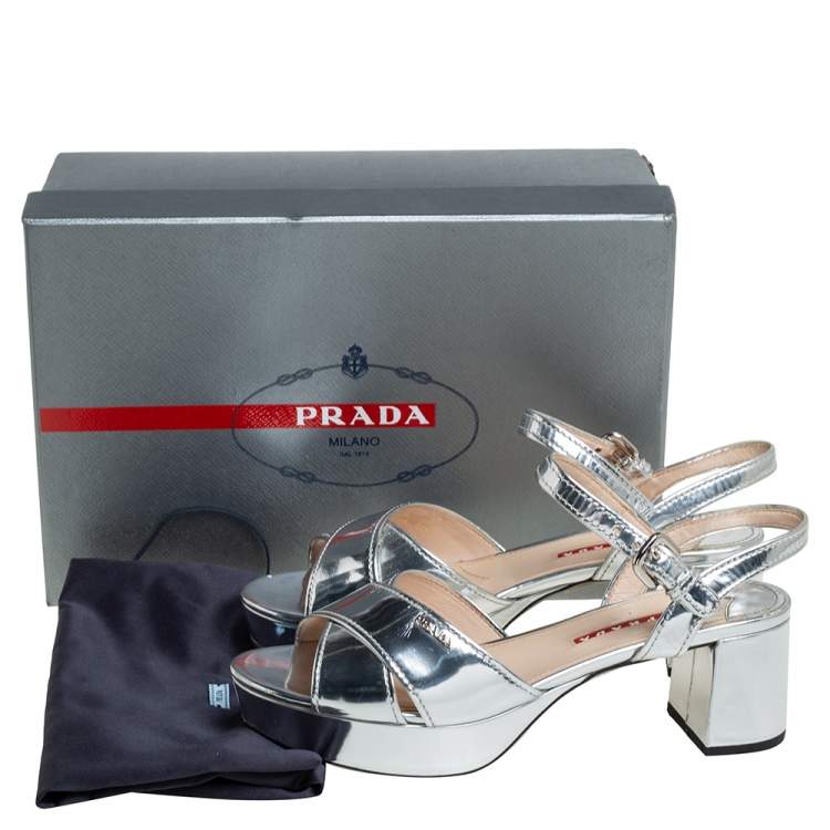 مملوكة مسبقًا Prada Sport Silver Leather Platform Block Heel Ankle Strap Sandals Size 38