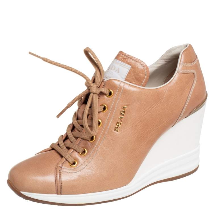 Prada Brown/White Leather Wedge Sneakers Size  Prada | TLC