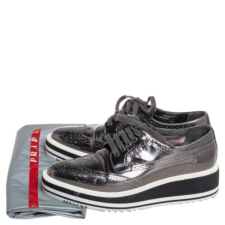 Pre Owned Prada Metallic Grey Brogue Leather Platform Lace Up Derby Size 36