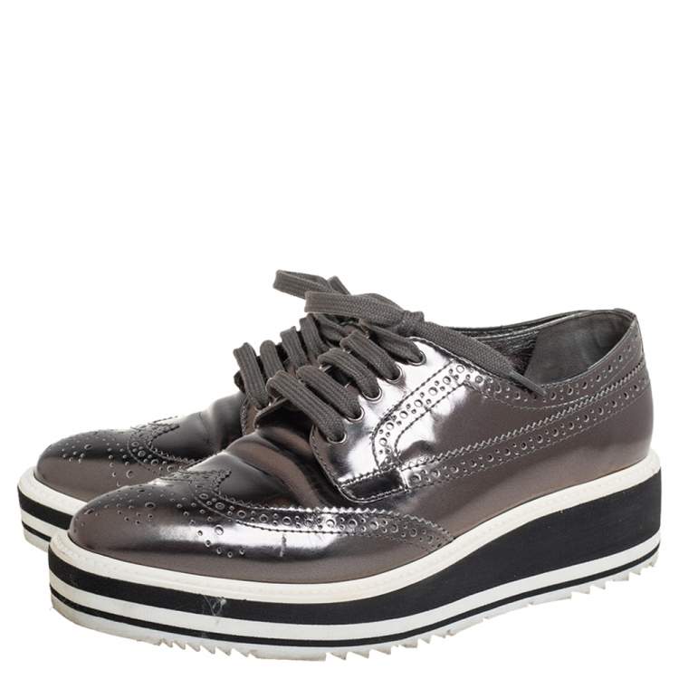 Pre Owned Prada Metallic Grey Brogue Leather Platform Lace Up Derby Size 36