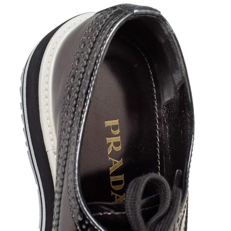 Pre Owned Prada Metallic Grey Brogue Leather Platform Lace Up Derby Size 36