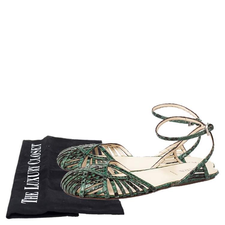 Pre Owned Prada Green/Black Python Flat Ankle Strap Sandals Size 37