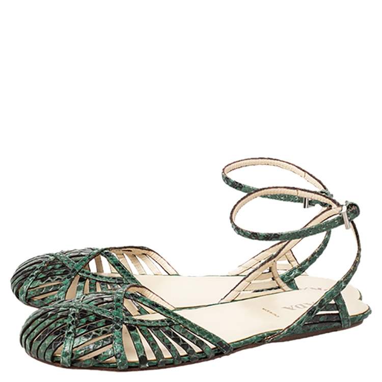 Pre Owned Prada Green/Black Python Flat Ankle Strap Sandals Size 37