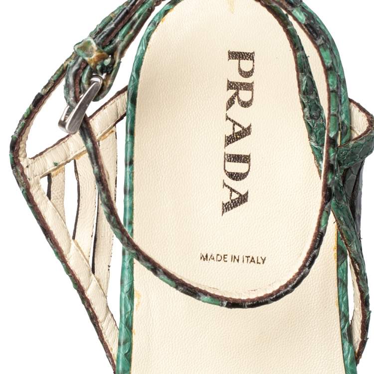 Pre Owned Prada Green/Black Python Flat Ankle Strap Sandals Size 37