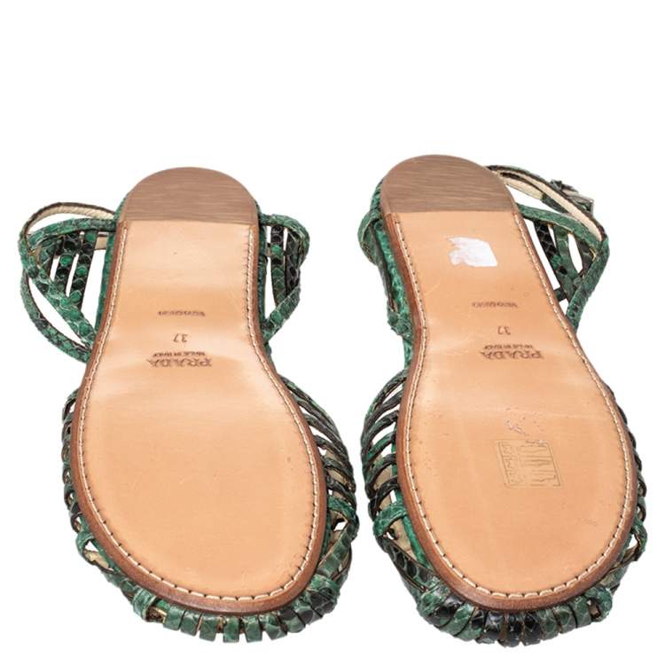 Pre Owned Prada Green/Black Python Flat Ankle Strap Sandals Size 37