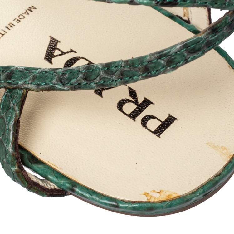 Pre Owned Prada Green/Black Python Flat Ankle Strap Sandals Size 37